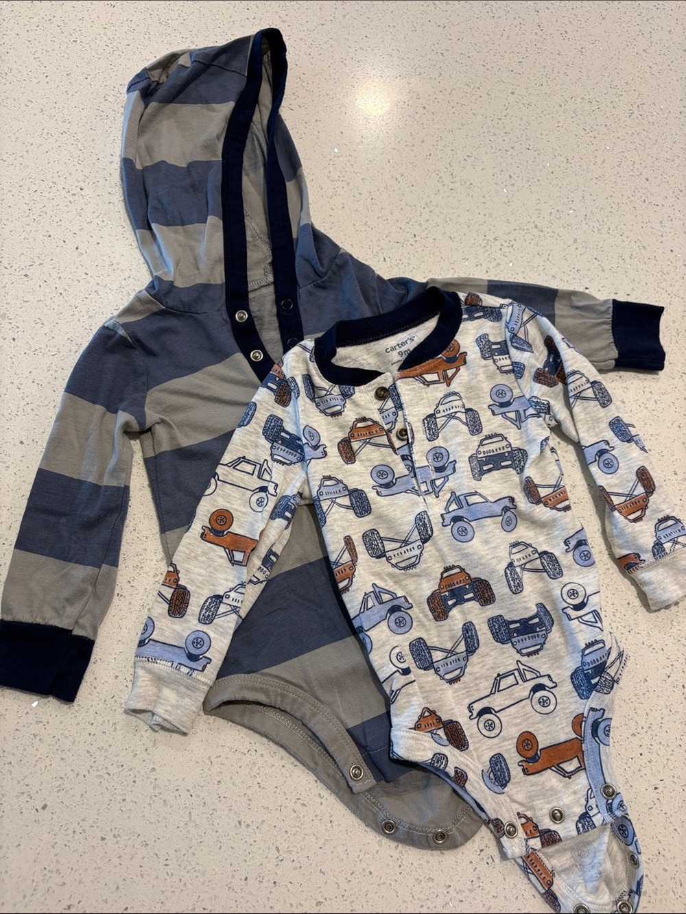 Carter's Blue & Gray Striped Hooded One-Piece with Truck-Print Bodysuit 9 Months